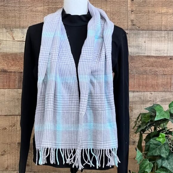 Light Blue & Gray Acrylic Cashmere Feel Plaid Fringed Scarf - Picture 1 of 5
